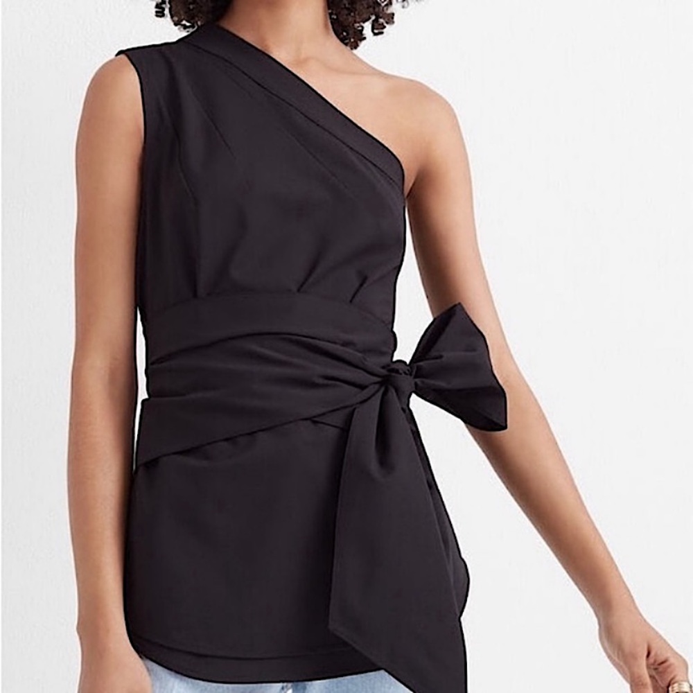 CLUB MONACO OFFRI ASYMMETRIC ONE SHOULDER SLEEVELESS TIE WAIST BLOUSE Black 2
